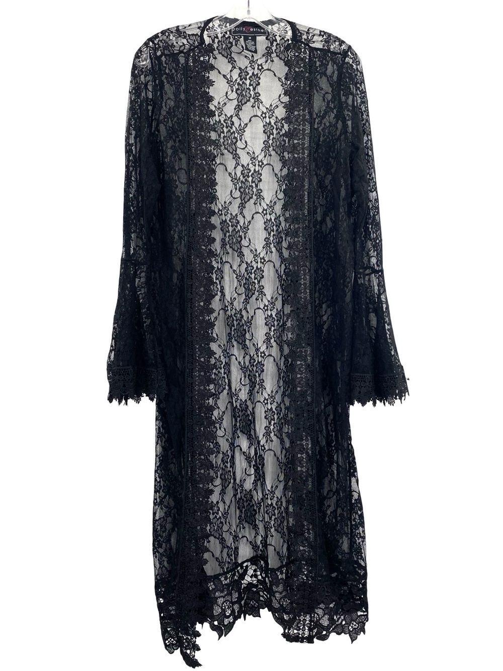 Polly & Esther Black Lace Long Kimono Bell Sleeve Vamp Witchy Whimsigoth Medium
